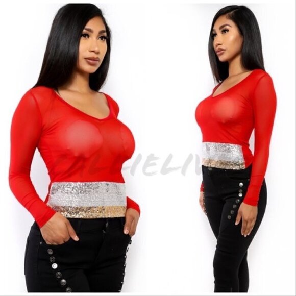✌NEW WITH TAGS CALLIE GLAM SQUAD SEQUIN SHEER LONG SLEEVE TOPS RED SIZE … - Picture 7 of 9